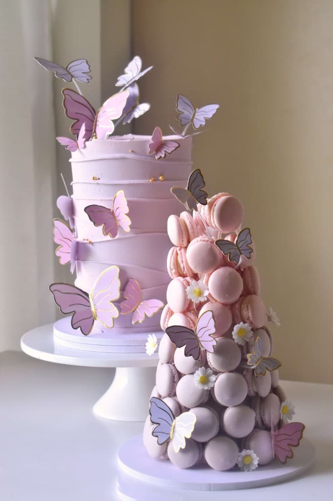 Butterfly themed cake with macaron tower