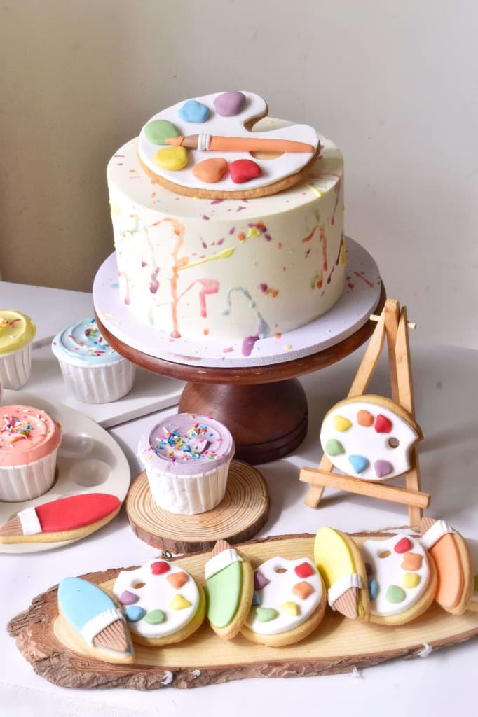 Art palette themed cake and cookies